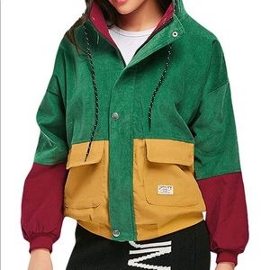 faux fur raglan sleeve hooded corduroy jacket